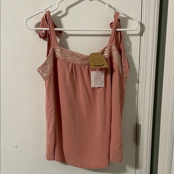 Kori Tops - NWT Kori Boho Pink Coral Flowy Embroidered Trim Tie Strap Top Size Medium
